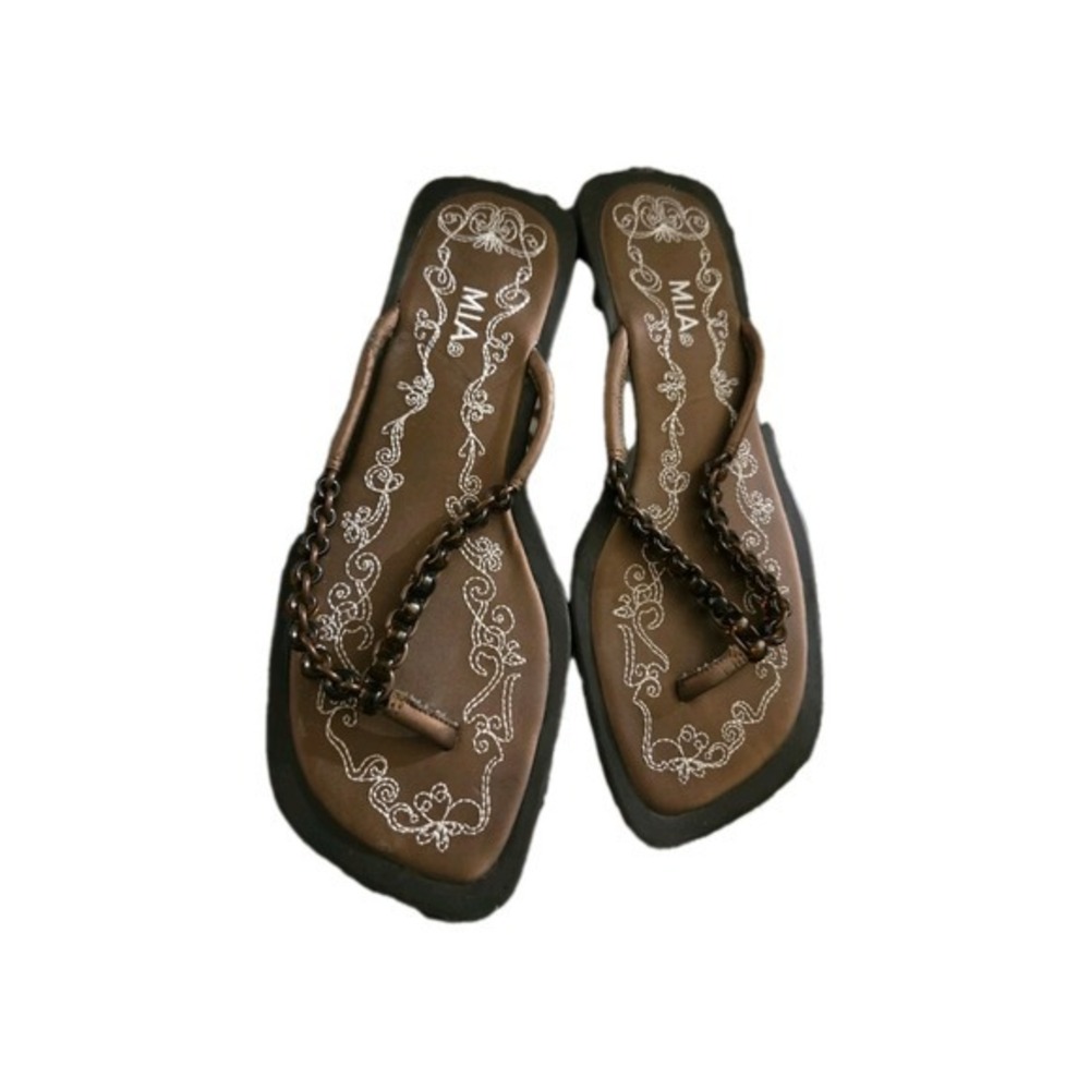 MIA Joanna Chain Strap Thong Sandals Brown Women's Size 6M Slip On Casual